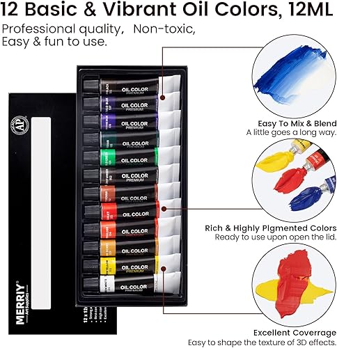 Miniatura 4 de MERRIY Juego de pintura al óleo para artistas, kit de suministros de pintura premium con caballete de mesa, pinturas al óleo de 12 colores, lienzo