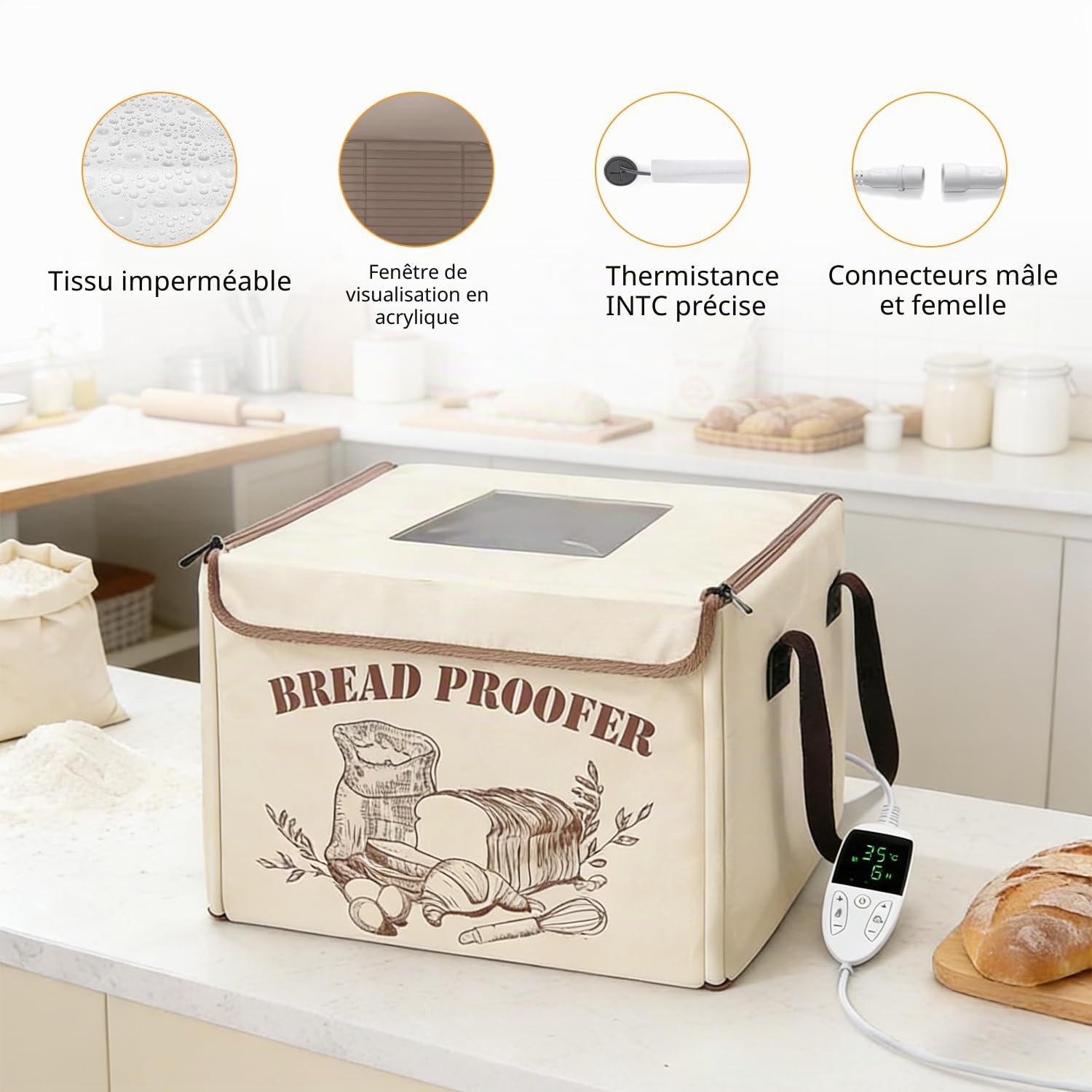 Boîte de Fermentation au Levain avec Chauffage, Pliable Boîte de Levée de Pâte Polyvalente avec Chauffage sur 3 Côtés et Grille en Fer, Affichage Numérique 50 à 113 °F, Minuterie de 0 à 48 Heures
