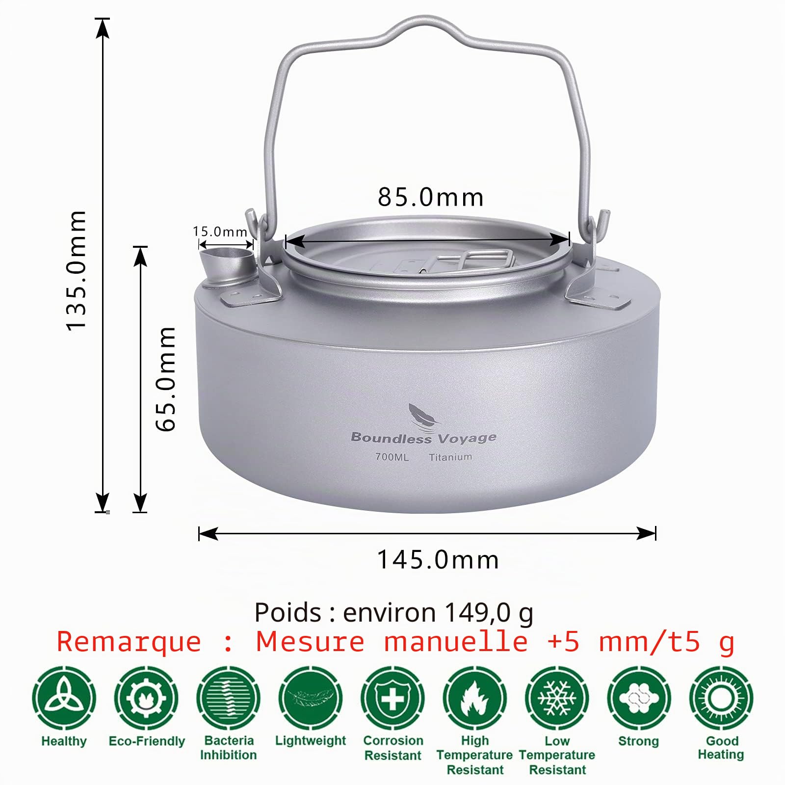 iBasingo Bouilloire en titane de 700 ml pour camping - Ultra légère - Avec poignée pliable et filtre - Ti3100D - Gris, Ti3100D-B