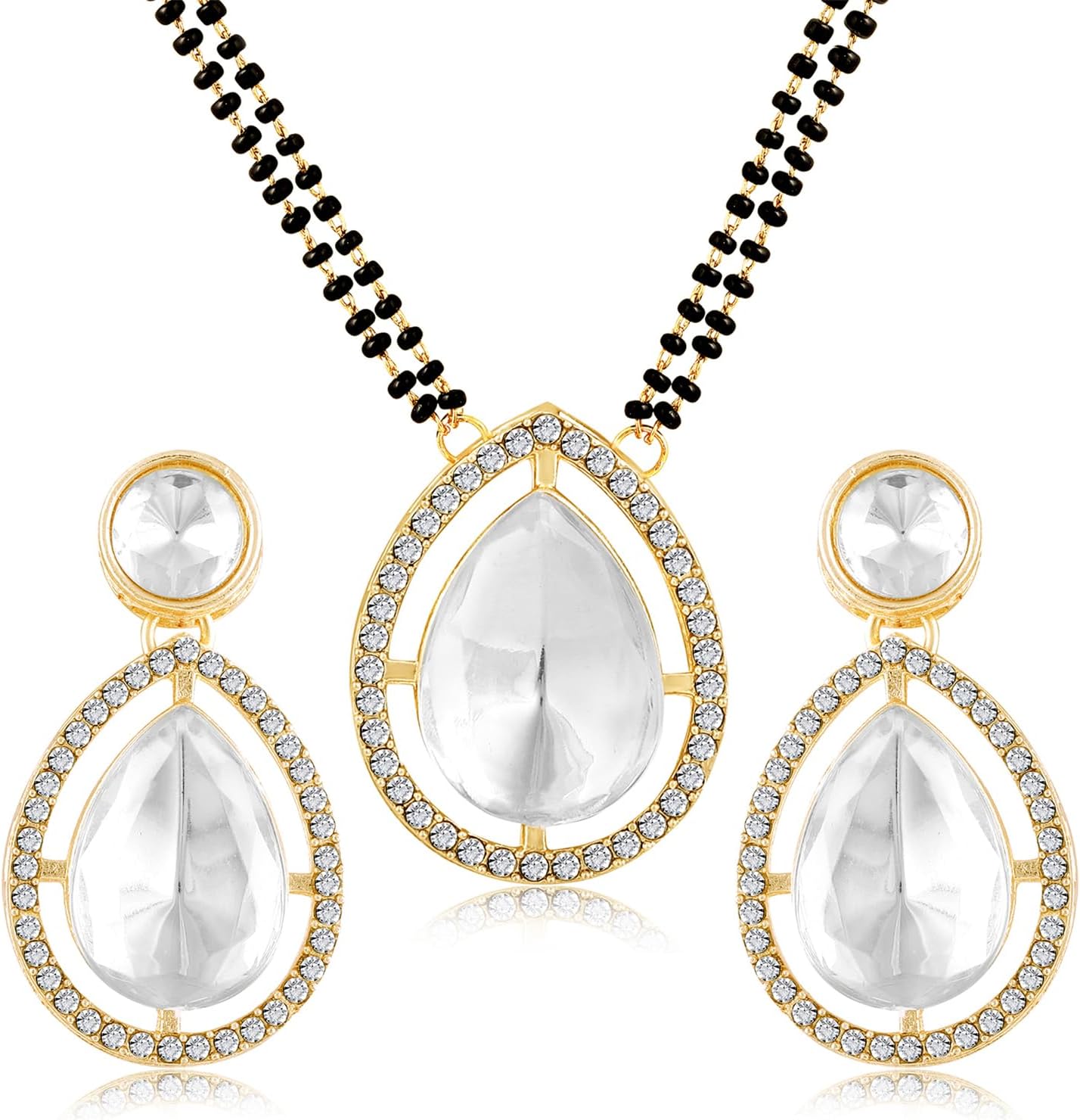 Aheli Cubic Zirconia Crystal & Black Beads Studded Mangalsutra & Drop Earrings Jewellery Gift for Women