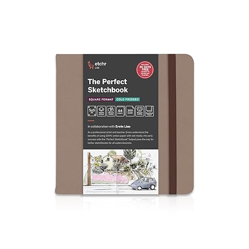 Etchr The Perfect Sketchbook Deckle Edition – Premium 300 GSM 100% Cotton Cold-Press, Hand-Torn Deckled Edges, Lay-Flat Binding, Vegan Leather Cover (5 x 5 Inch Square) - 5 x 5 Inch Square