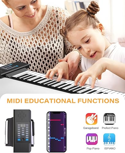 Miniatura 3 de KONIX Piano enrollable de 61 teclas, piano de mano recargable portátil mejorado con teclado flexible de silicona, salida MIDI, conexión de
