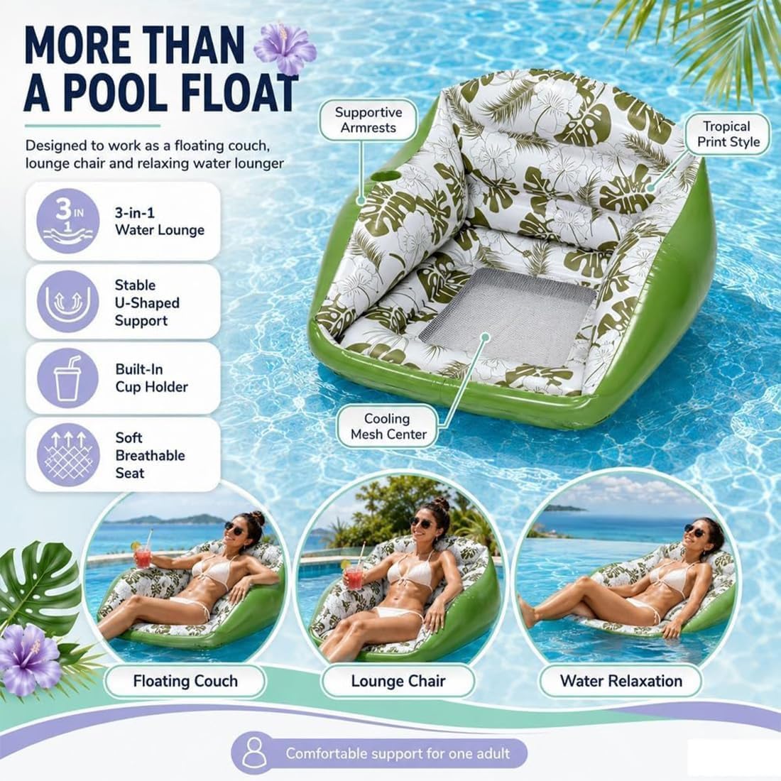 3-In-1-Aufblasbare Poolliege, Aufblasbarer Poolstuhl-Schwimmer, Schwimmender Mehrzweck-Wassersofa-Schwimmer Mit Getränkehalter, Strapazierfähig for Pool-Strandparty,Outdoor-Spiele