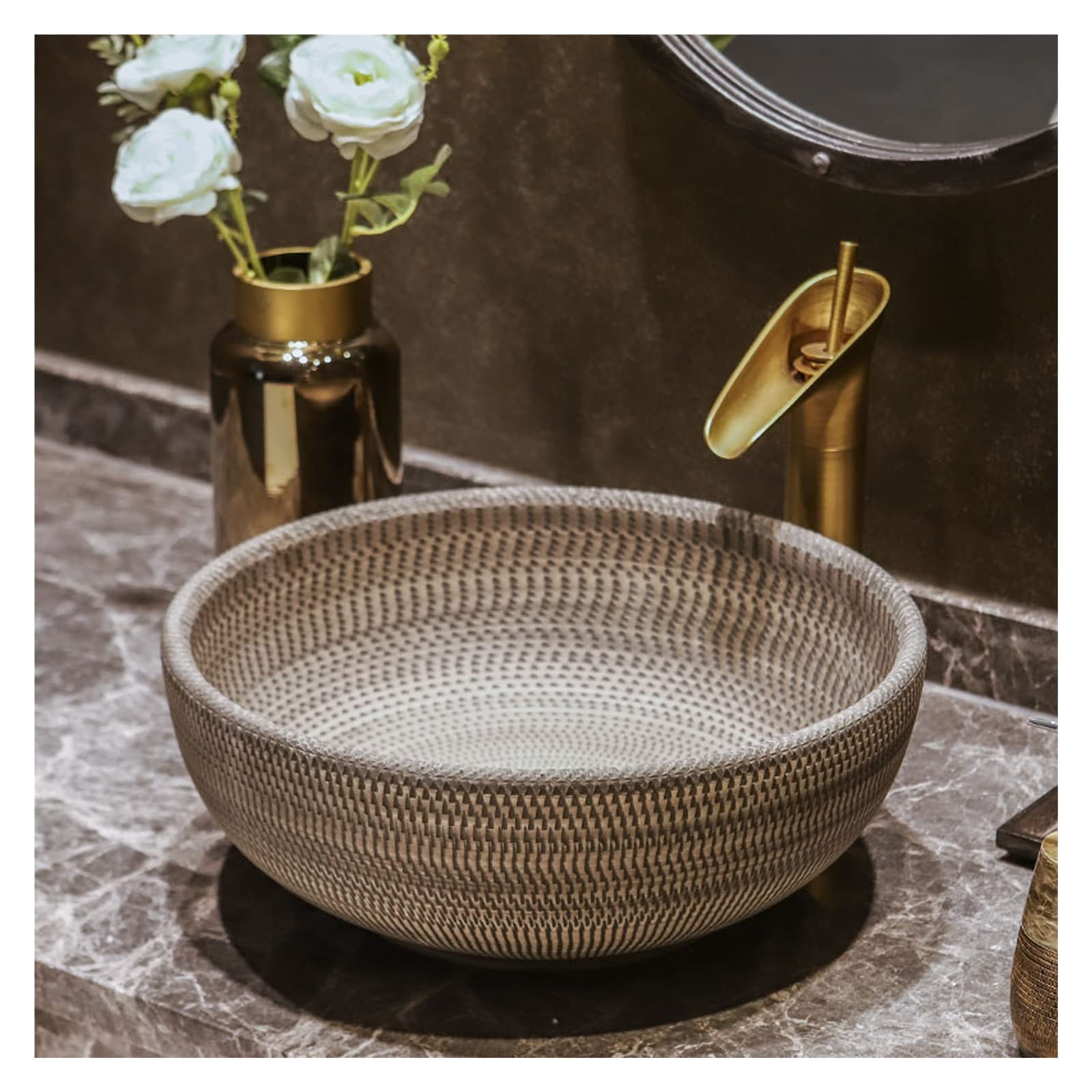 WOTZOV Round Vessel Sink,Minimalism Above Counter Porcelain Ceramic Sink Bowl With Free Faucet And Pop-Up Drain,