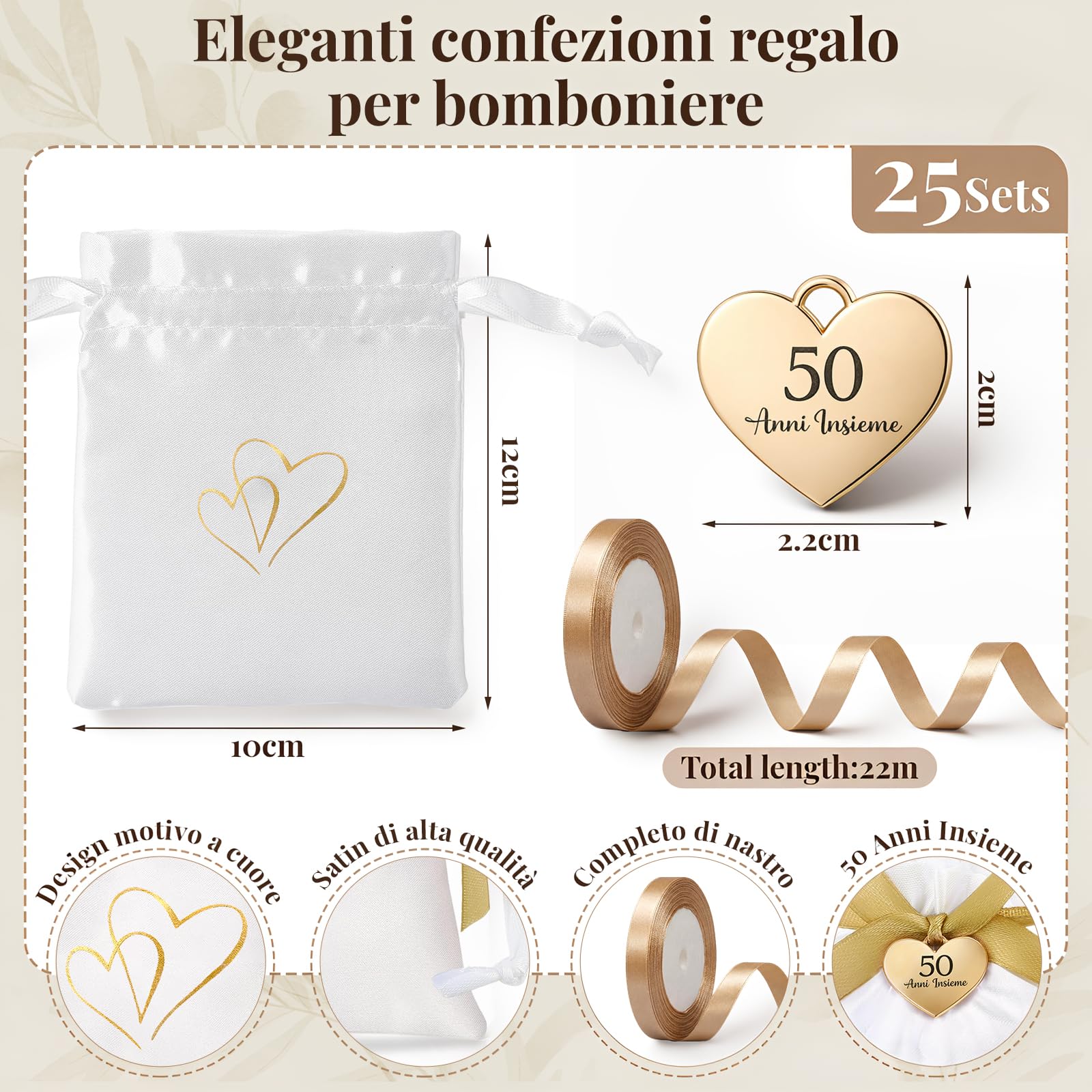 Otuuz 25 Set Bomboniere Matrimonio Sacchetti Bomboniere Sacchetti Regalo in Raso con Coulisse 50 Anni Insieme Ciondolo a Forma di Cuore in Oro e Nastro Regali per l'Anniversario Festa di Nozze