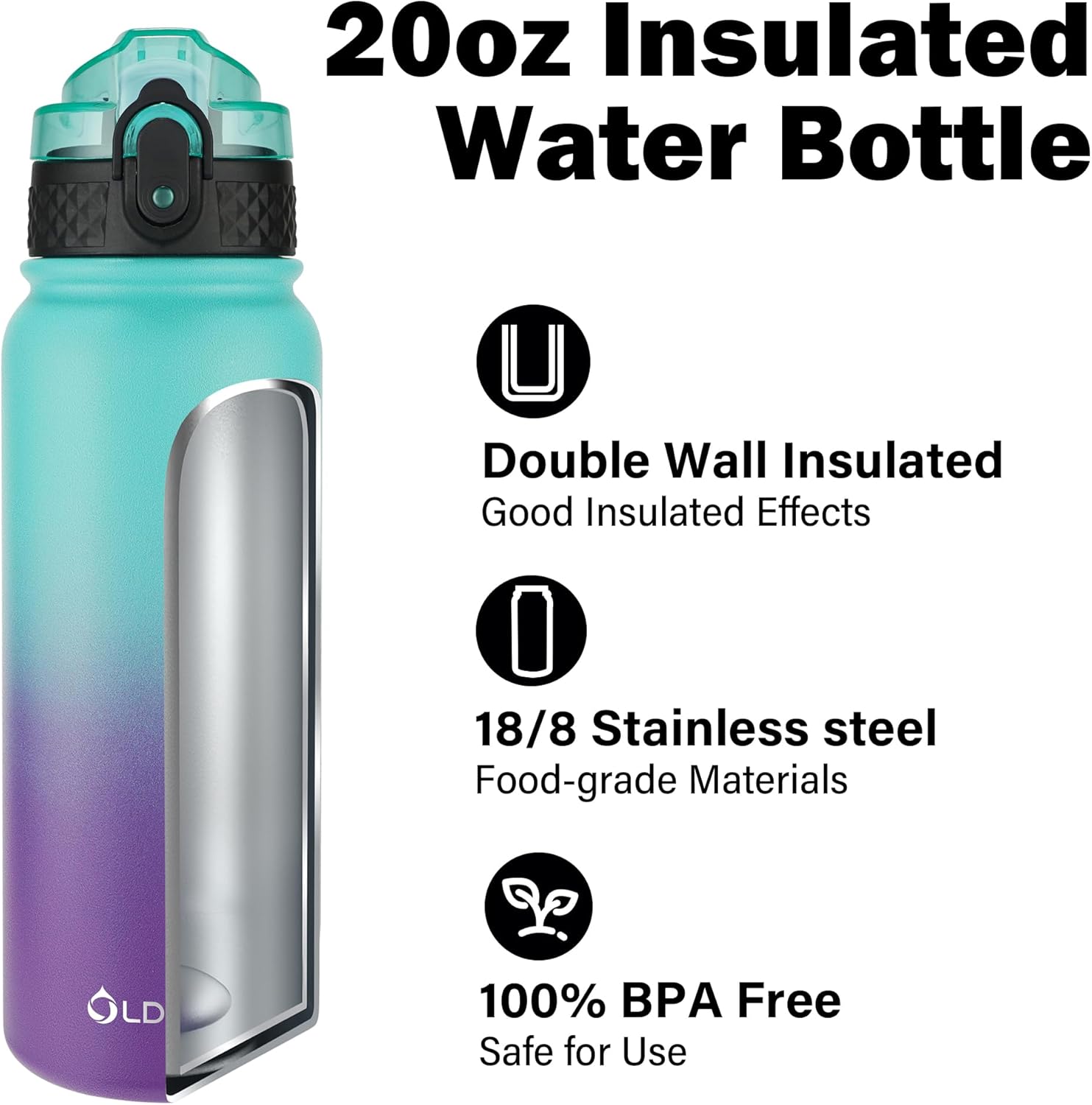 Oldley Insulated Water Bottle 20oz Water Bottles with Straw, Stainless Steel Water Bottle with 3 Lids, Double Wall Vacuum Bottels for Adult Kids,Leak-Proof Sport Bottles for School Travel,Green Purple - Image 4