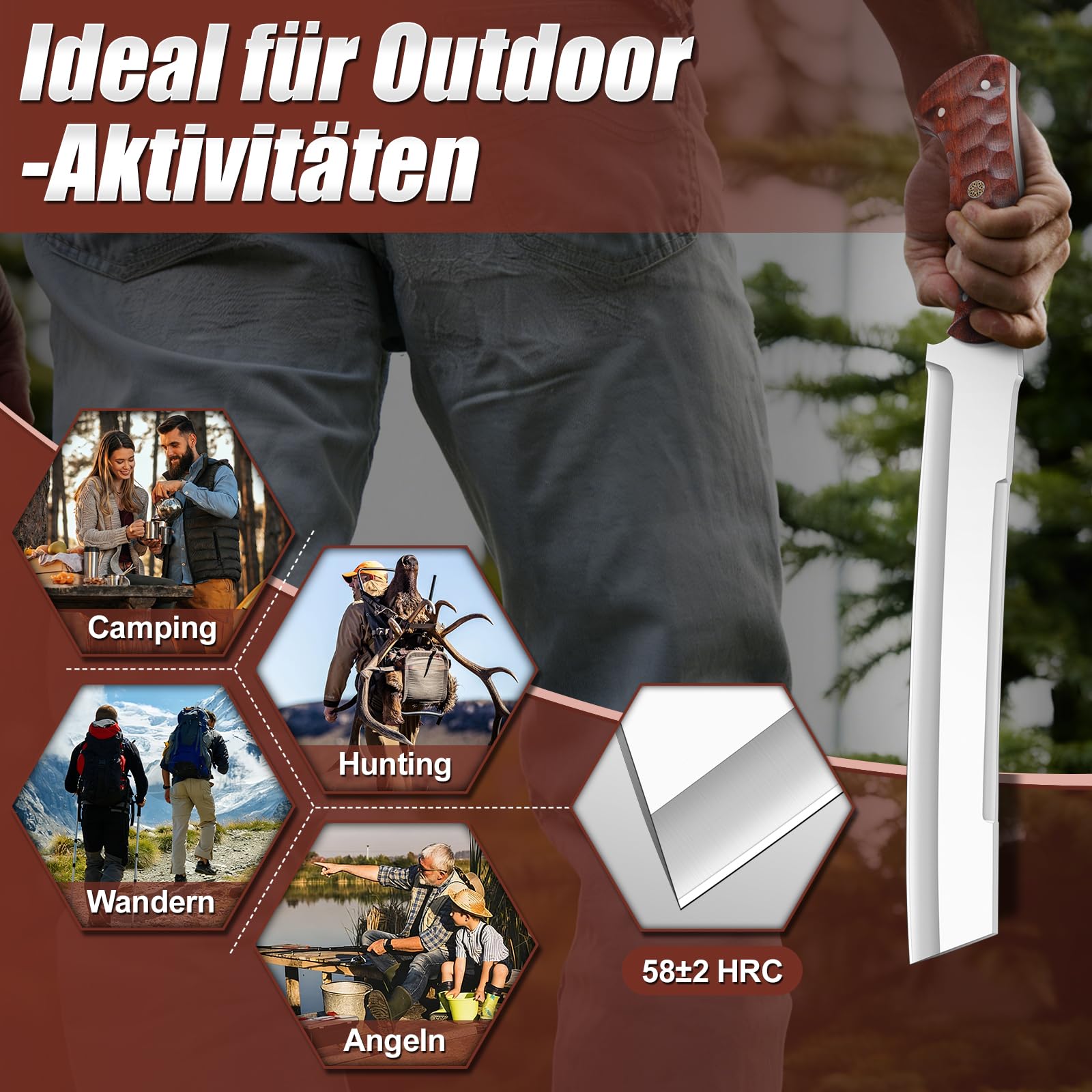 Purple Dragon Großes Outdoor Messer – Aus einem Stück D2-Stahl geschmiedet – Survival Messer mit durchgehendem Holzgriff und Scheide für Buschhandwerk, Camping und Gartenarbeit – Geschenk für Männer