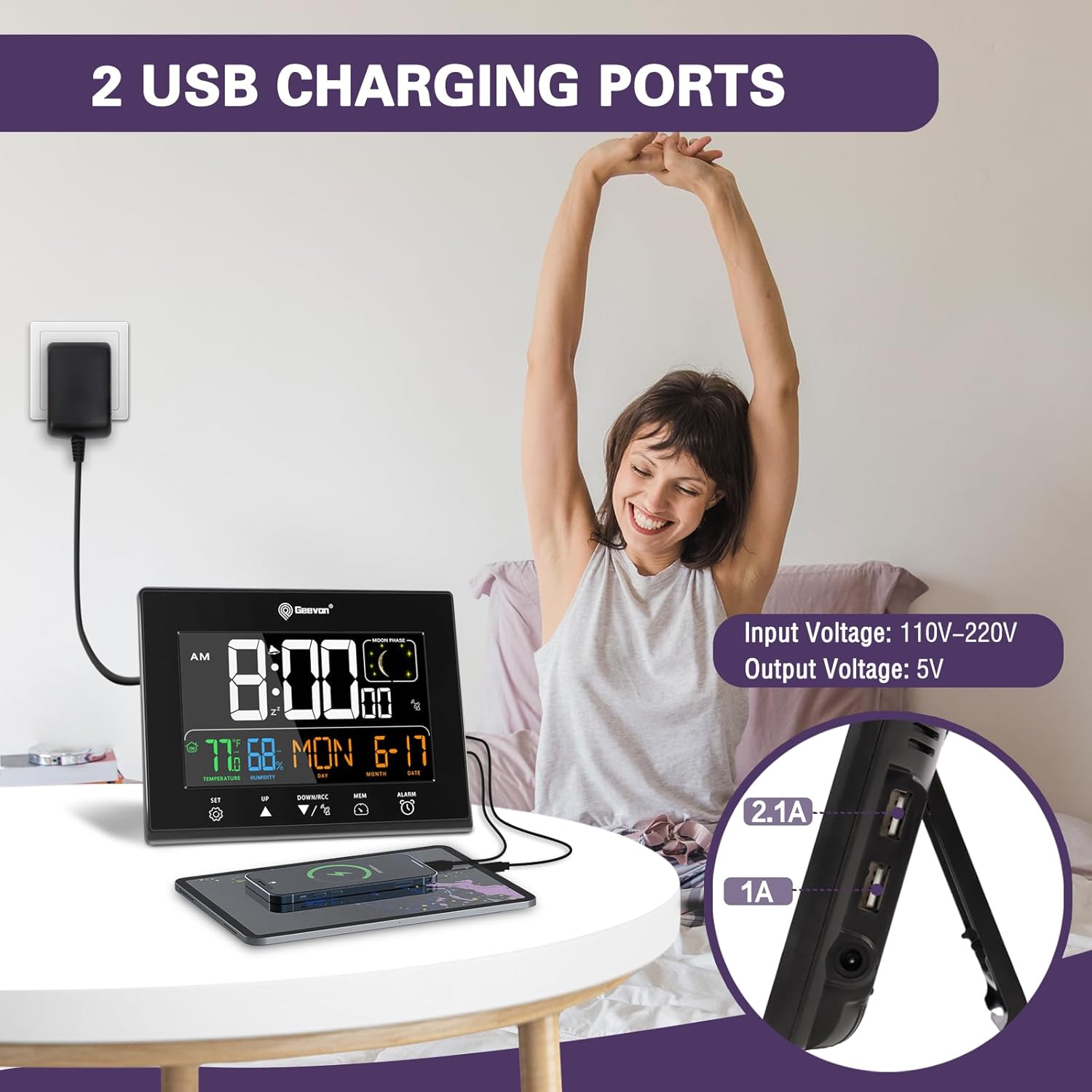 Geevon Digital Atomic Alarm Clocks for Bedrooms, Color VA Display Atomic Clock with Indoor Temperature and Humidity, DST, Dimmable Backlight, 2 USB Ports, Calendar, and Moon Phases