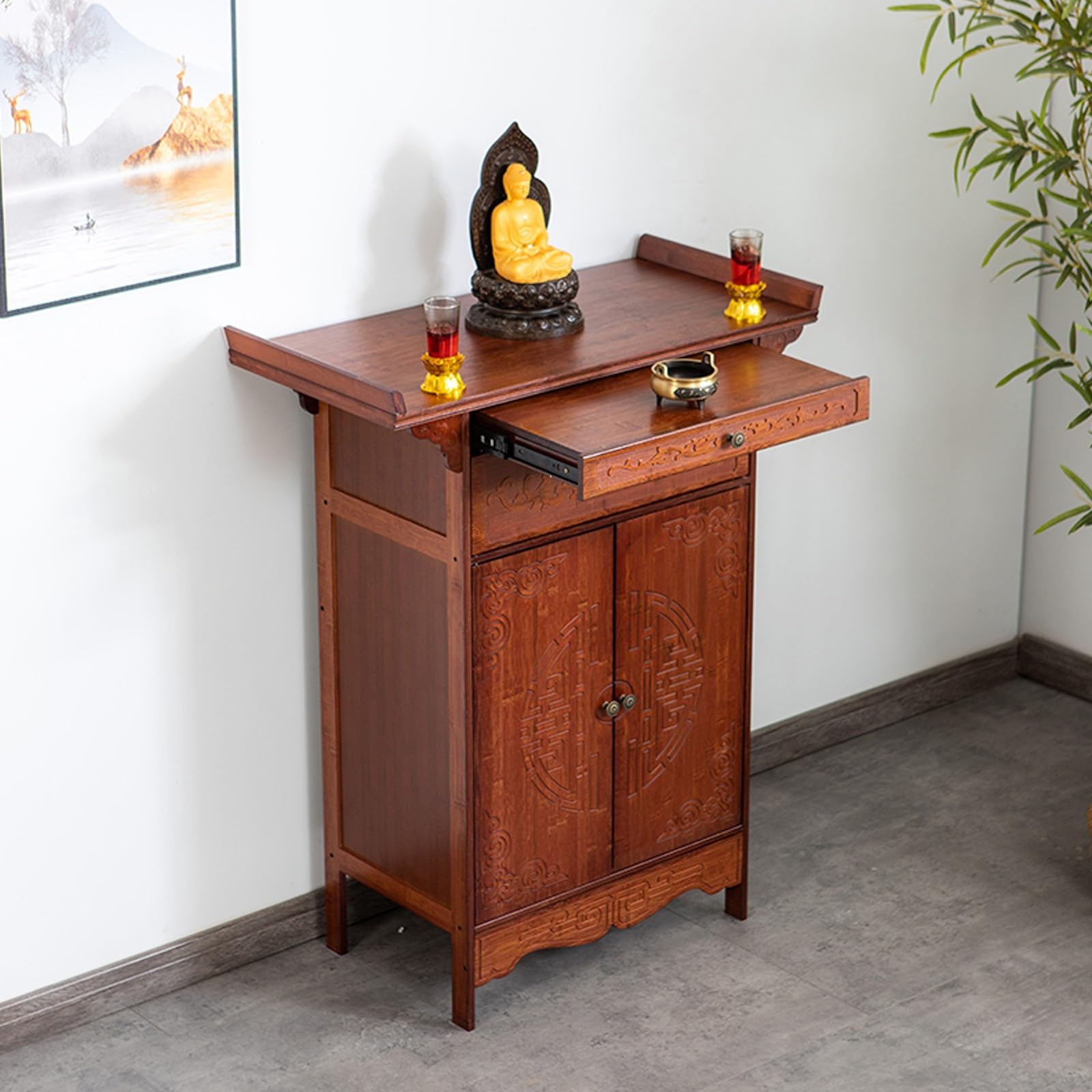 Table d'autel en bambou avec rangement meuble méditation prière