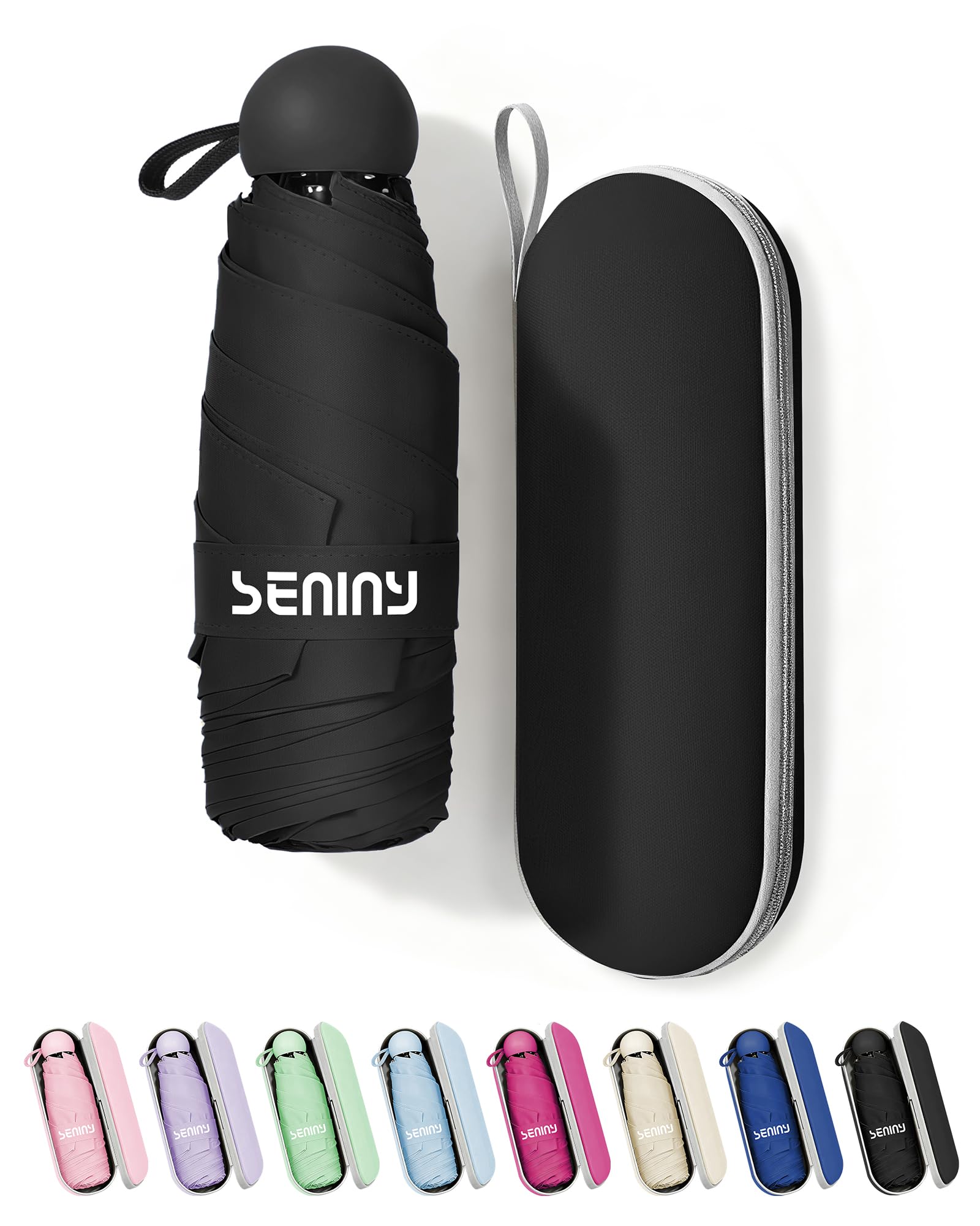 Seniny Mini Portable Travel Umbrella with Case - Compact Umbrellas for Rain & Sun UV Protection for Backpack Pocket, Lightweight Folding Small Umbrella, Tiny Purse Size UV Blocker for Kids Women Girls