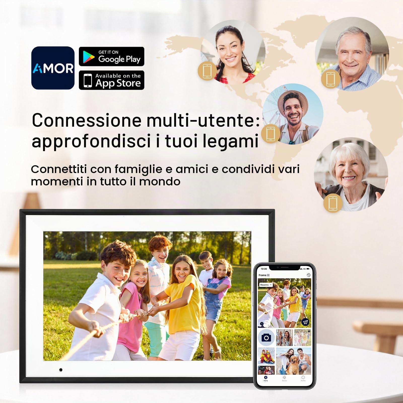AEEZO Cornice Digitale WiFi 32GB Memory, 1280 * 800 IPS Touchscreen, Sleep Mode, Cornici Digitali, Veloce Caricamento a Distanza di Video e Foto con il Software AiMOR (Nero)