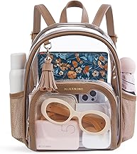 Missnine Small Clear Backpack Stadium Approved, Thick PVC Mini Clear Bag with Leather Trim for Sports Event, Concert, Festival, Tan