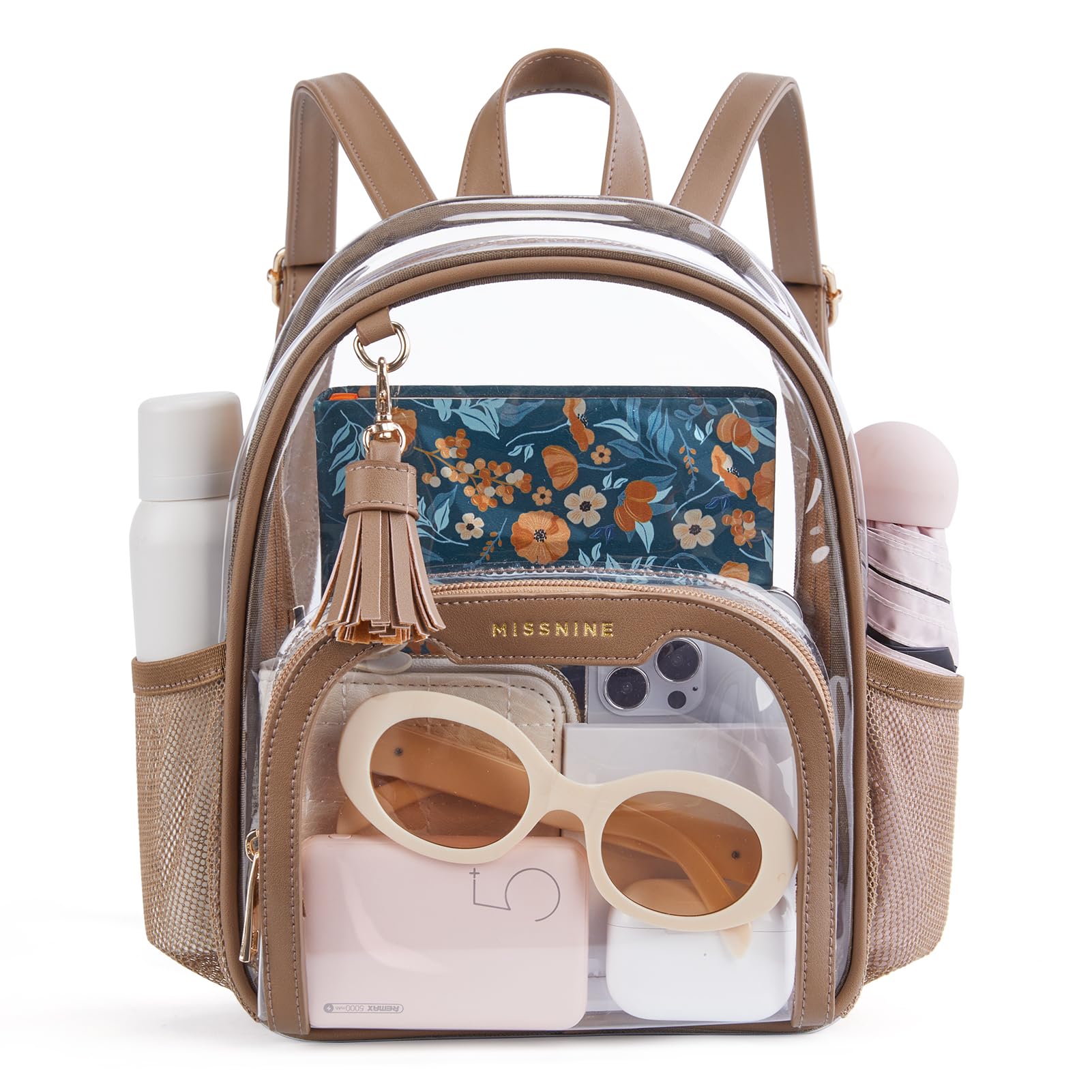 Missnine Small Clear Backpack for Stadium Events Anti-theft Mini Clear Bag for Sport Event Concert with Cute Pom-pom Ball