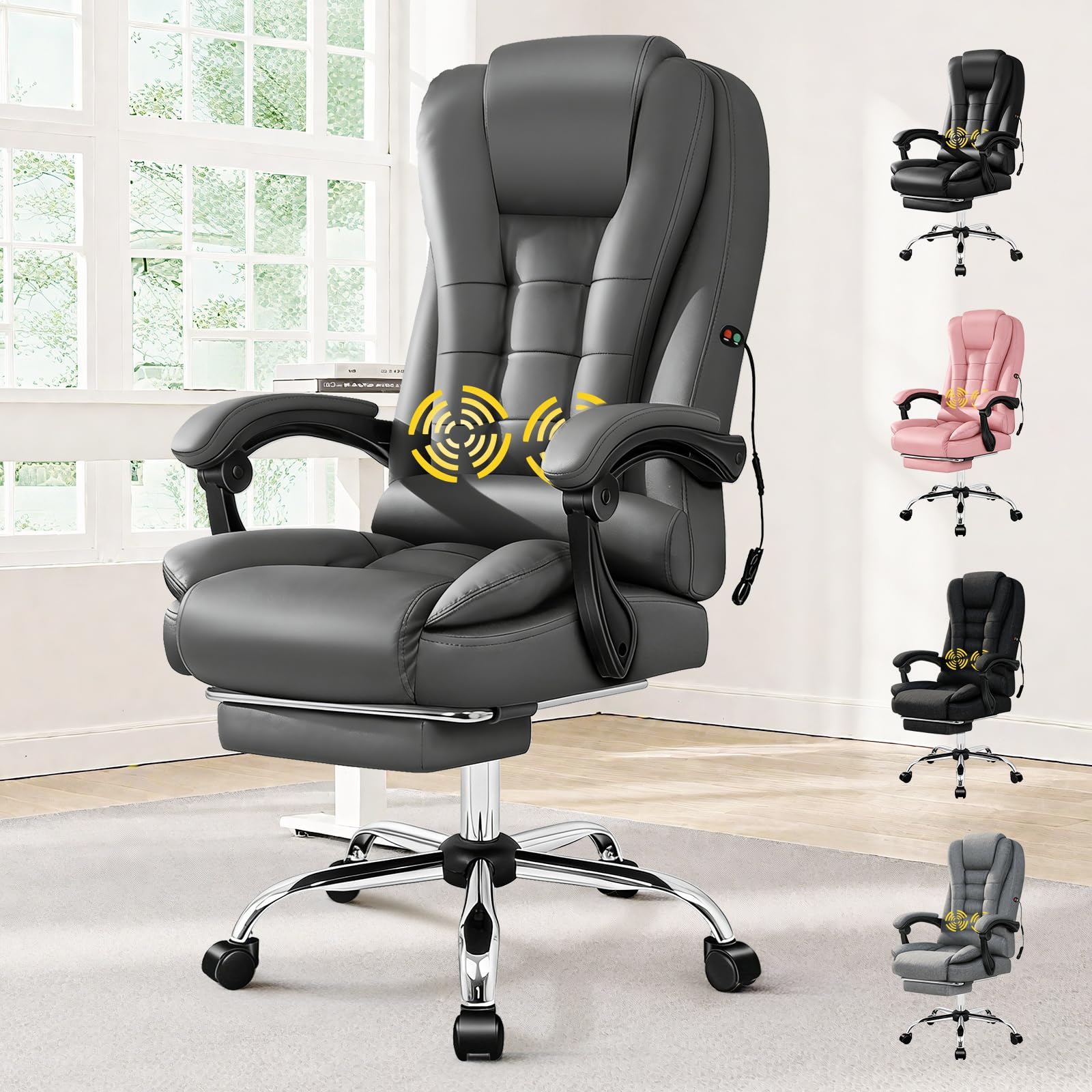 ALFORDSON Ergonomischer Bürostuhl, Schreibtischstuhl mit Wärmemassagefunktion, PU-Leder-Computerstuhl mit gepolsterten Armlehnen und weicher Kopfstütze, Drehstuhl mit Rollen