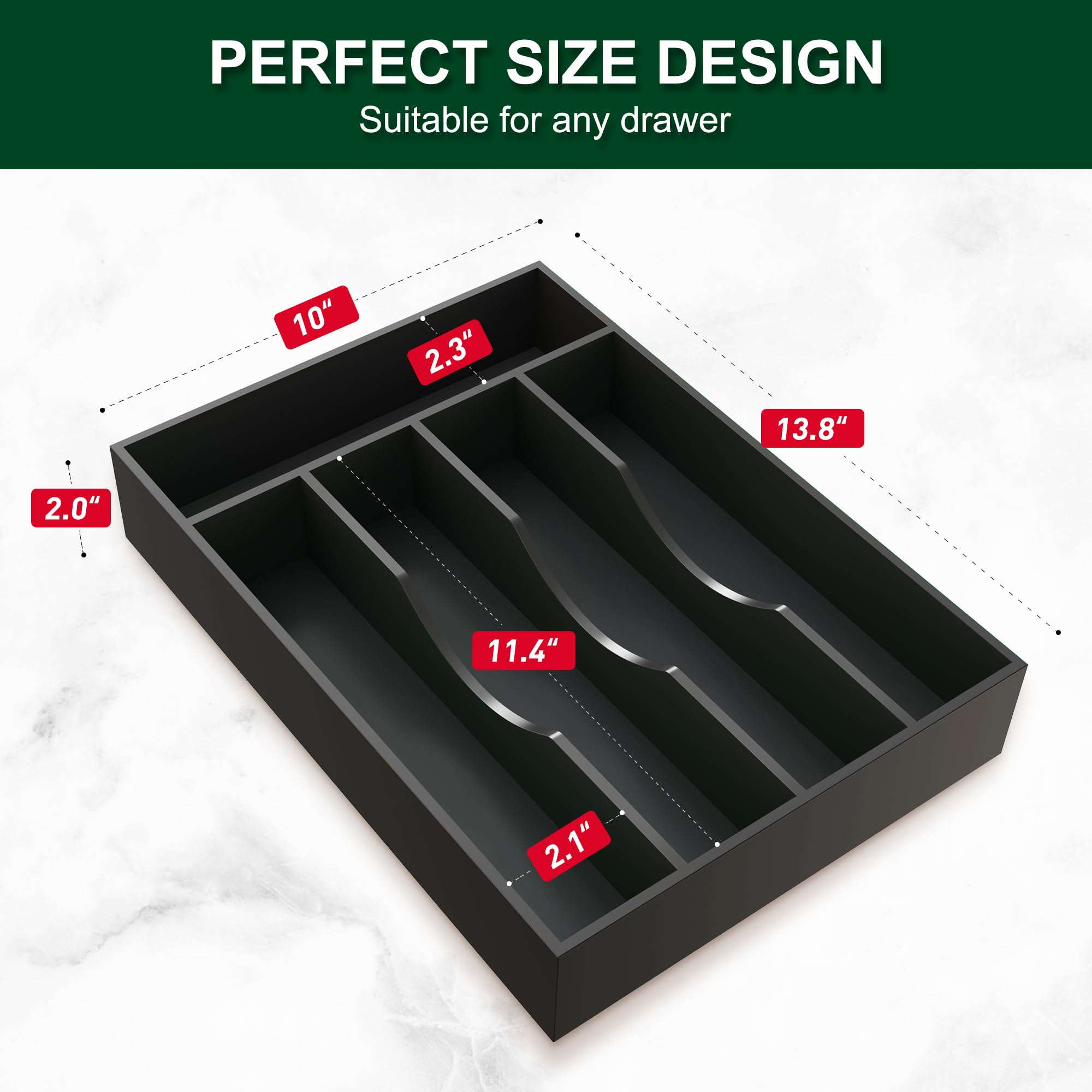 Bellsal Czarny organizer na przybory, 25 cm, srebrna taca do szuflad, uchwyt na przybory kuchenne, organizer do szuflad, 5 przegródek, mały wąski bambus