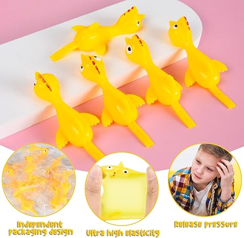 Miniatura 5 de Paquete de 48 tirachinas de pollo de goma, juguetes novedosos de Halloween, juguete de pollo volador para Navidad, mini pollos de goma a granel,