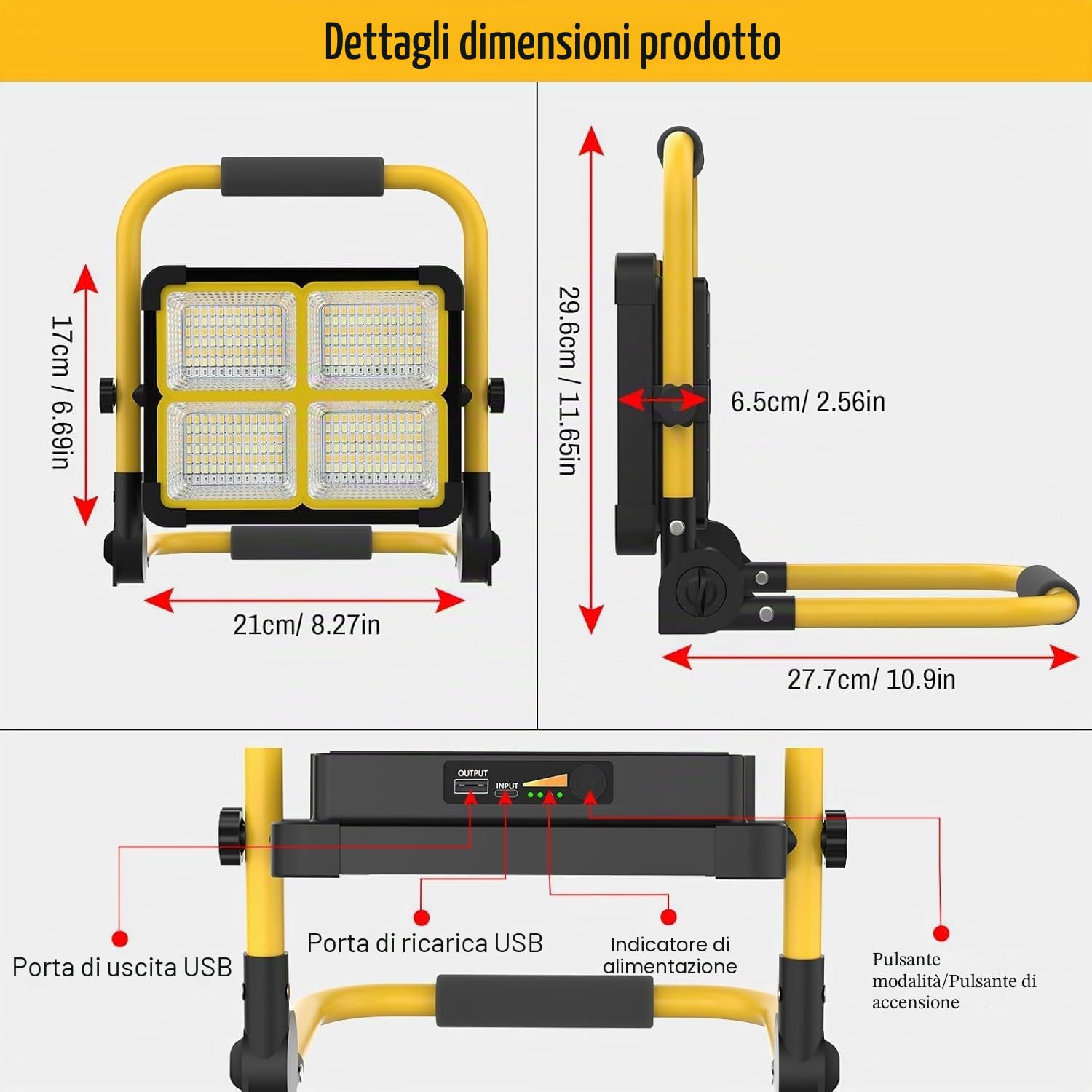 MASMEJOR Faro LED Ricaricabile Solar, Supporto Metallico, 10000LM, 12000mAh | 100W, 336 LEDs, 4 Modalità Luce, Base Magnetica, Uscita USB, Portatile per Campeggio, Garage, Pesca, Emergenze