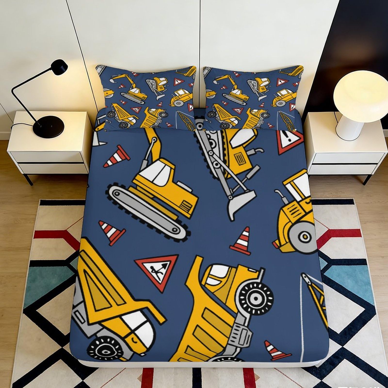 3D Printed Construction Vehicles Fitted Sheet Microfiber Anti-Slip Bed Cover for Bedroom Guestroom Decor Easy Care 90x200x25cm