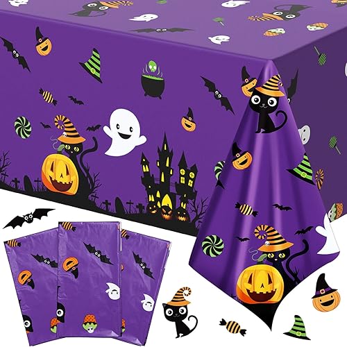 Remerry Mantel de Halloween desechable de plástico rectangular con castillo, murciélago y calabaza, suministros de decoración de cumpleaños para