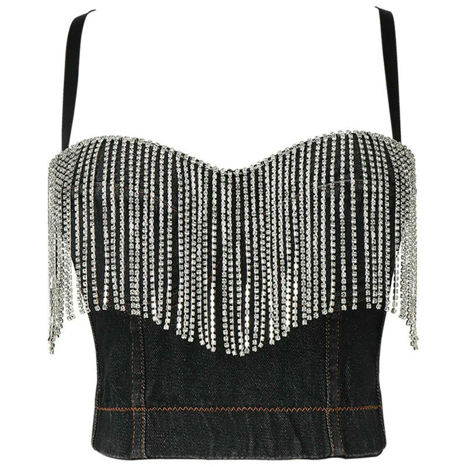 Ceinture Bling Femme Crop Top Top Letnie Damskie Sukienki Wycięte Koszule Seksowne Push Up Denim Biustonosz Bez Pleców Odzież Klub Impreza-db999-s