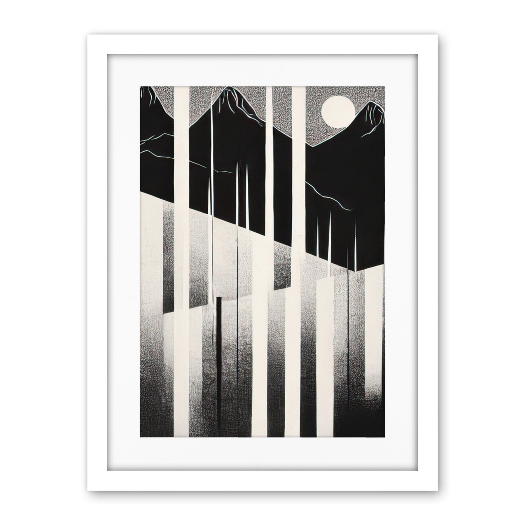 Artery8 Abstract Mountain Landscape Lake Sunrise Linocut Artwork Framed Wall Art Print 18X24 Inch
