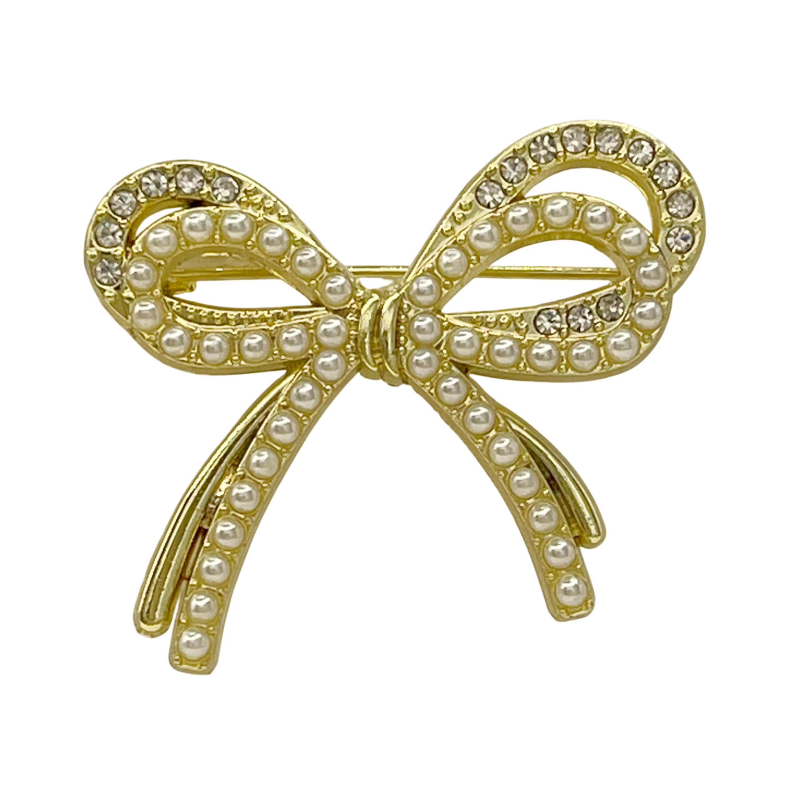 Golden Elegant Pearl Fashion Diamond Bow Brooch Pin For Women & Mans-image-0