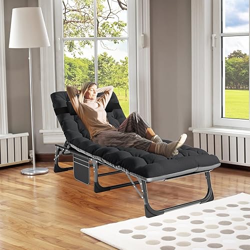H&ZT Silla de dormitorio, sala de estar, silla portátil plegable ajustable para el hogar con colchón, para dormir siesta, interior y exterior,