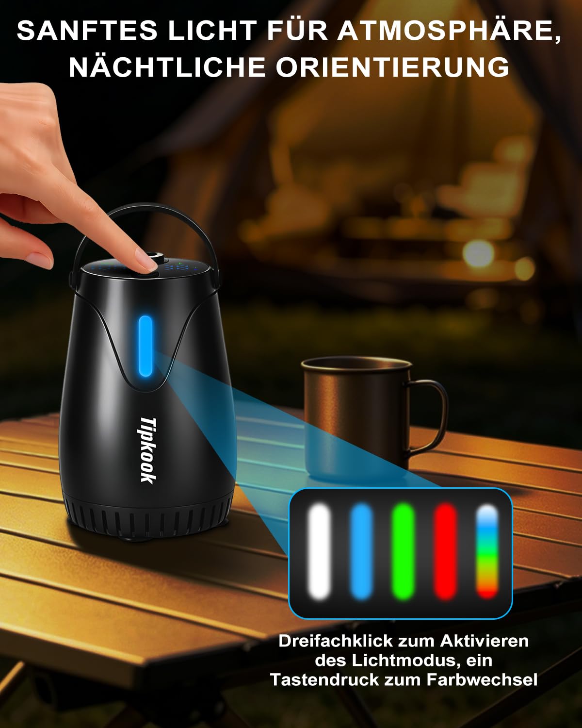 Tragbare Campingdusche mit LED-Stimmungslicht, Mobile Outdoor Dusche mit 8000mAh Akku & Temperaturanzeige, 5 Wasserstufen Camping Dusche mit Pumpe & PP-Filter für Camping, Wandern, Haustiere, Vanlife