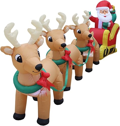 Miniatura 3 de Santa Claus en trineo con 3 renos, inflables, decoración de Navidad para jardín en, 12 pies de largo