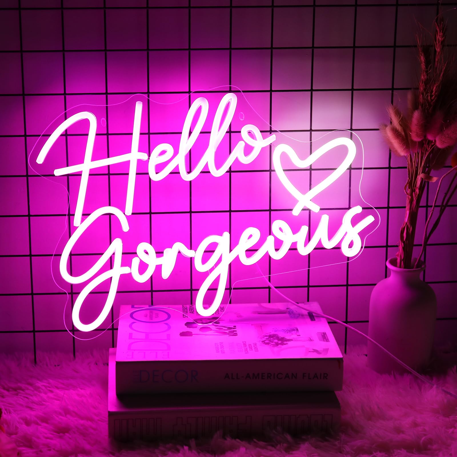 Neonwall Hello Gorgeous Neon Sign for Wedding, Led Neon Light Sign for Bedroom Room Decor Birthday Party USB Operated Game Center Neon Light for Art Gift 22" ?Pink +White Heart)