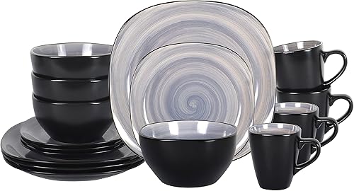 juego de vajilla de gres cuadrado de 16 piezas, interior gris remolino Spinwash + exterior negro