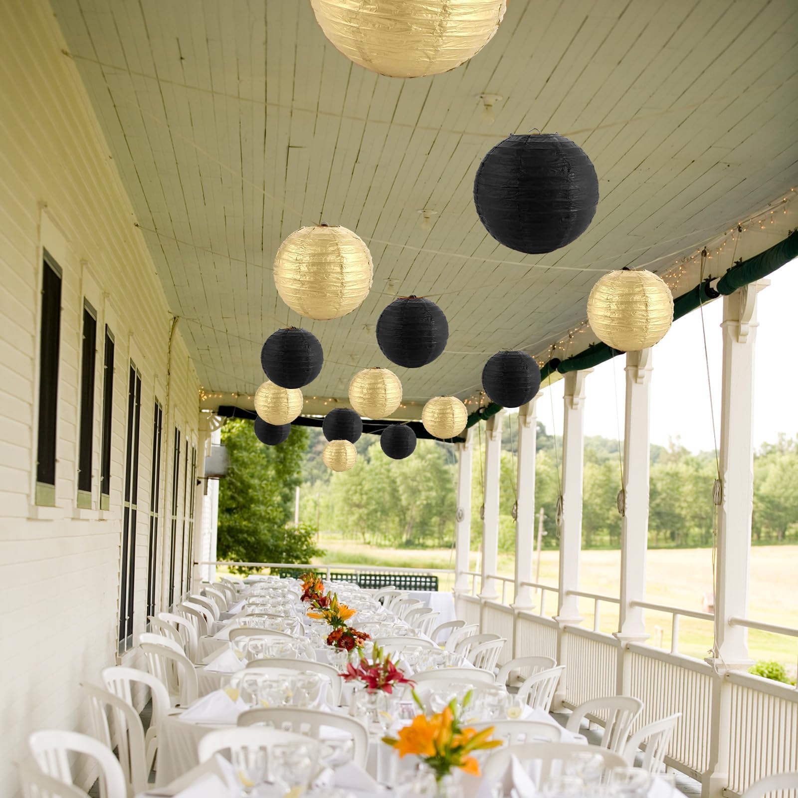 MIVIDE 16er Papierlaternen Set Schwarz Gold, Papierlampions Deko 10 15 20 25 cm, Lampenschirm Runde für Hochzeiten, Geburtstage, Partys und Veranstaltungen