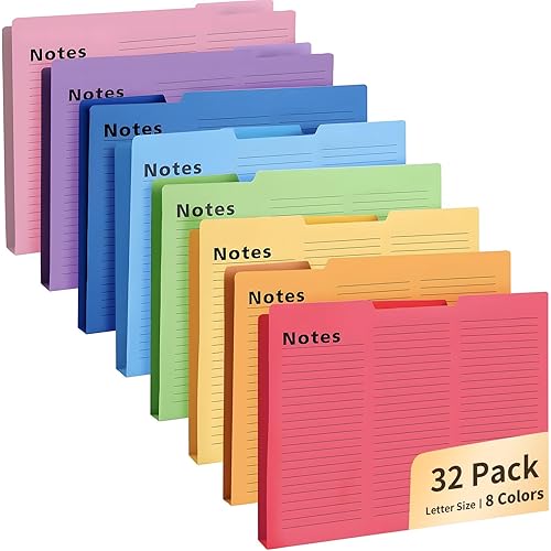 32PCS Colored File Folders, Notes Tabbed File Folders, File folders with tabs, Letter Size Lined, 1/3 Cut, 11.5 x 9.6 Inch, 8 Colors Document Storage for Home Office