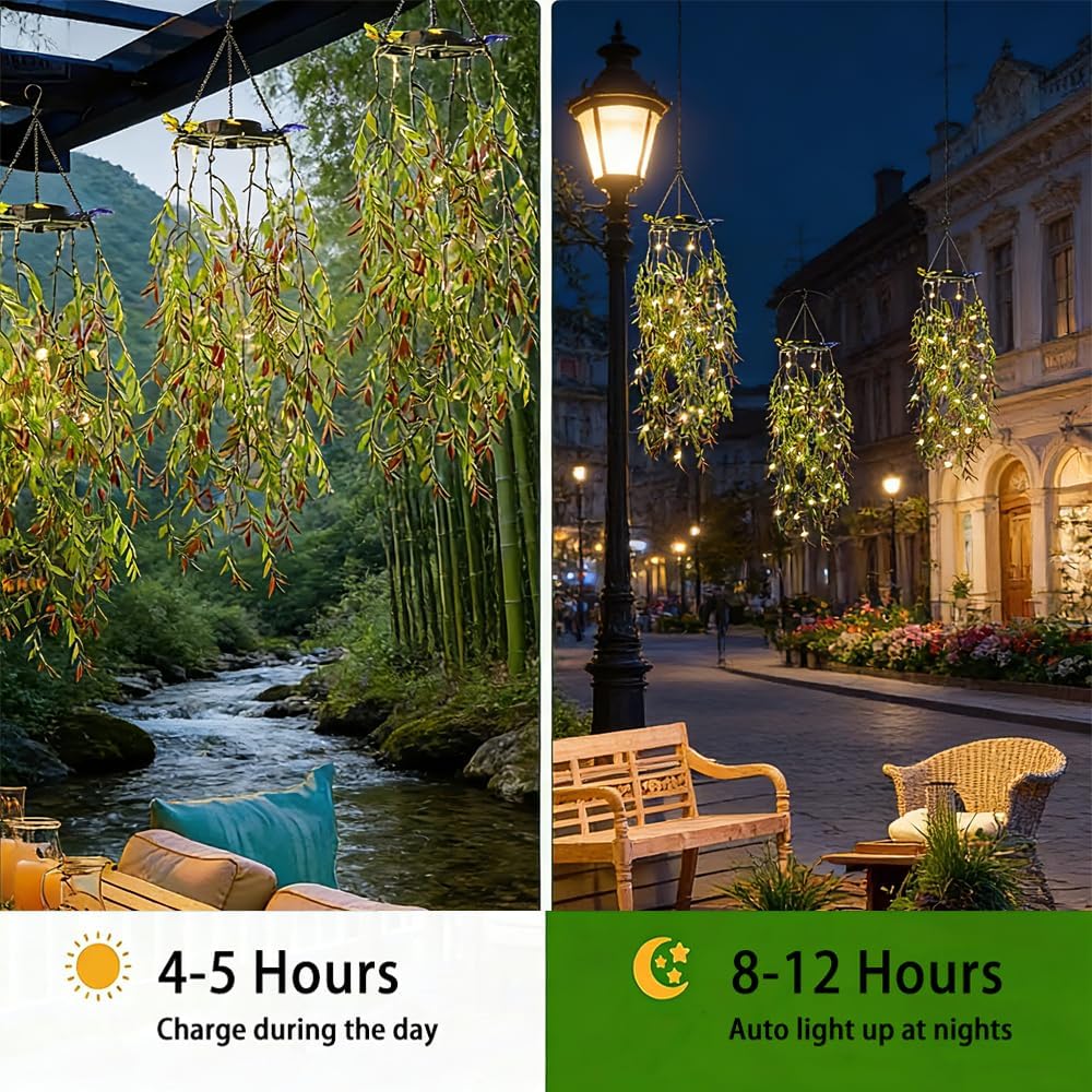 Solar Hanging Garden Lights, 66 LED Artificial Willow Leaf Solar String Lights Outdoor, Birthday Gifts for Her Mom Grandma, IP65 Waterproof Memorial for Garden Patio Porch Yard Decorations