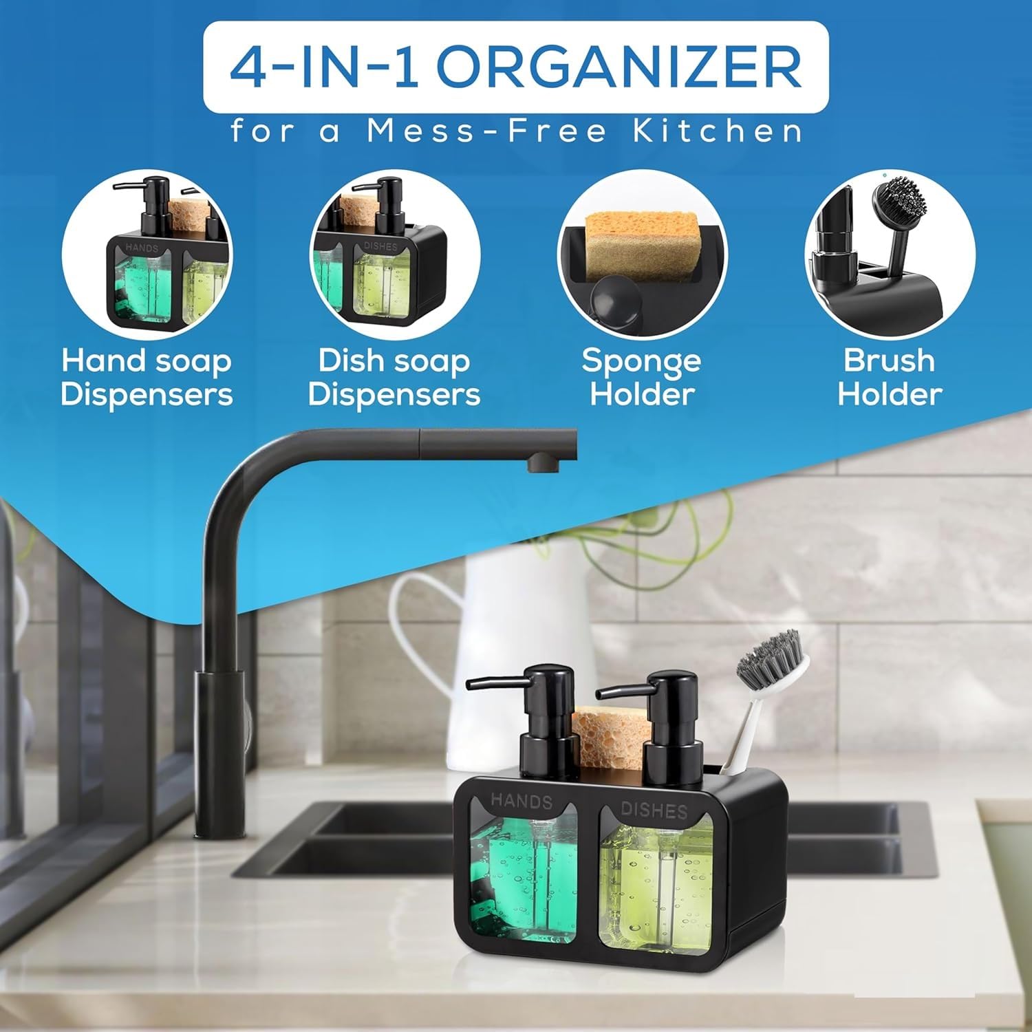 MeRaYo Dispensador de jabón para lavar a mano, dispensador de jabón líquido para fregadero de cocina, dispensador de líquido para lavado de platos, color negro