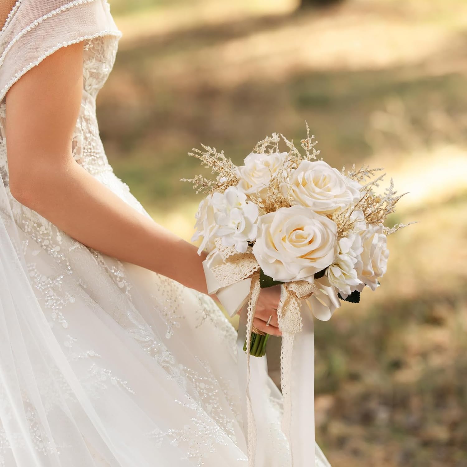 Wedding Bouquets for Bride, Champagne White Bridal Bridesmaid Wedding Flowers, Artificial Toss Rose for Civil Ceremony (Hollow Lace Ribbon Handle)