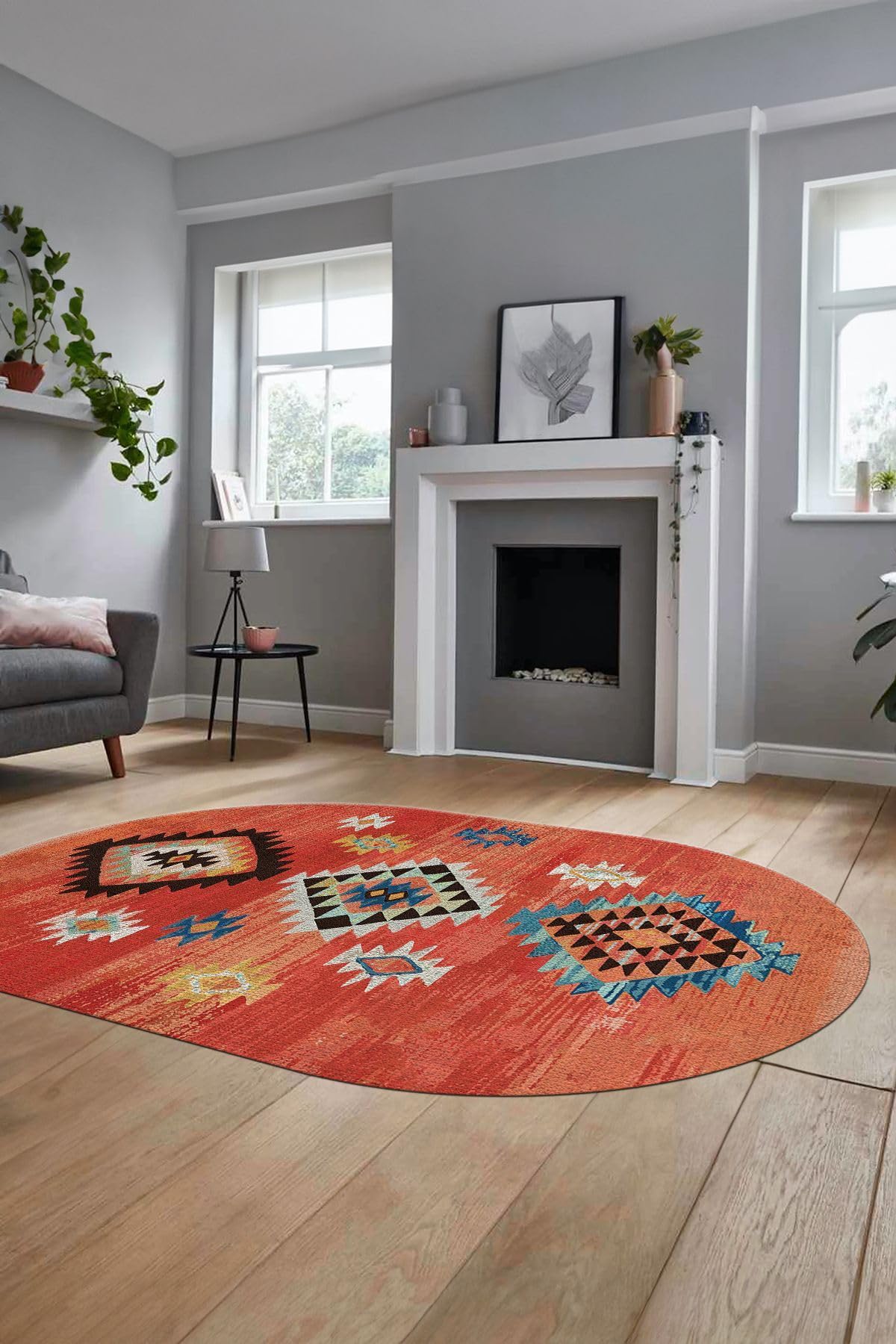 Evdeya Dijital Baskılı Kaymaz Taban Yıkanabilir Etnik Desenli Oval Mutfak Salon Halısı O-ETNİK-01, Kırmızı, 40 x 60
