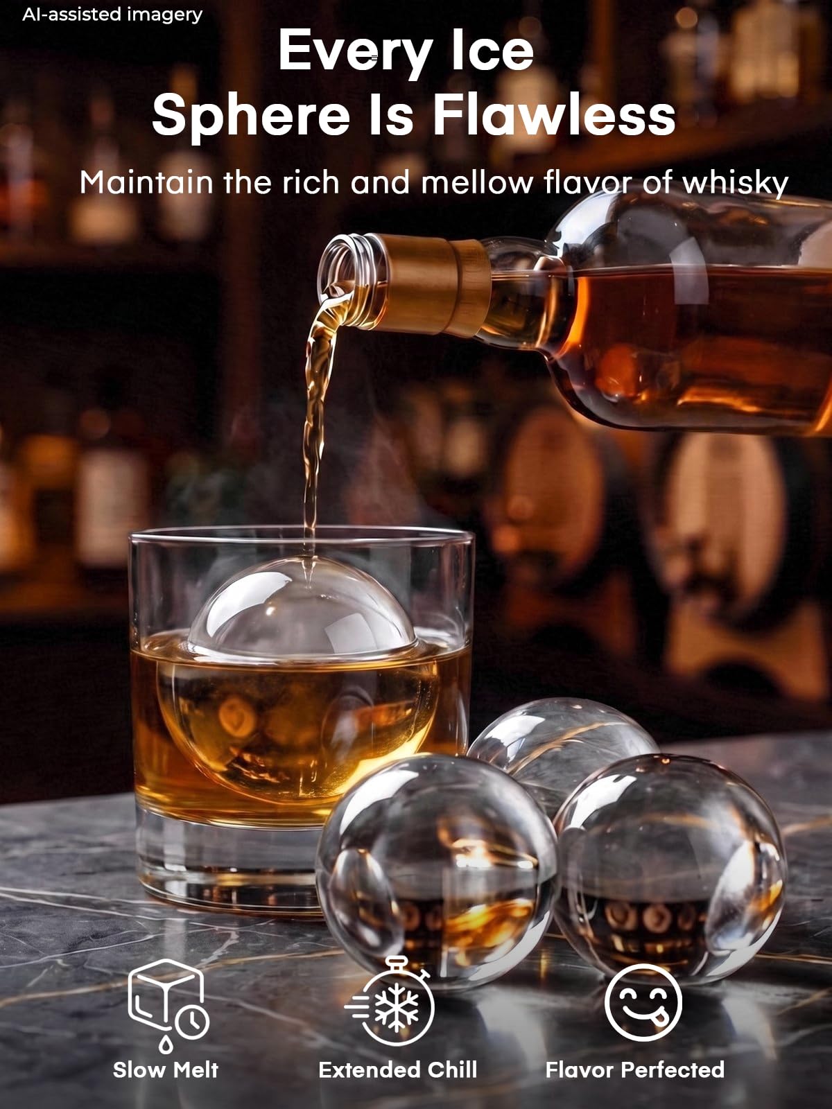 Máquina de Hielo en Esferas, 3 Pzas Esferas de Hielo Extra Grandes de 2.5" Transparentes y sin Grietas en 45 Min, Panel Táctil LCD & Autolimpieza para Cóctel Whiskey Bourbon