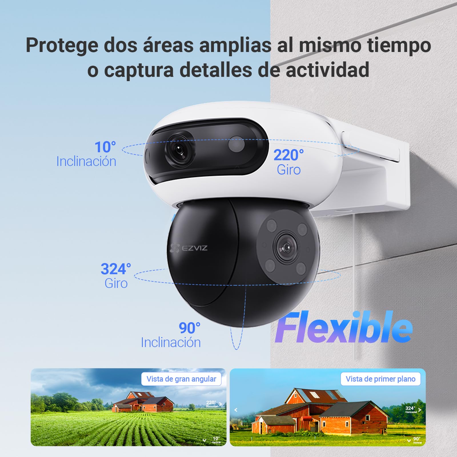 EZVIZ Cámara Vigilancia WiFi Exterior Doble Lente 8MP(4MP+4MP), 360° Cámara IP de Seguridad con Visión Nocturna en Color,Detección IA de Persona/Vehículo,Audio Bidireccional,Alexa,Impermeable,C90 Dual