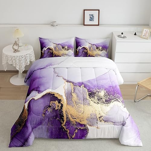 Erosebridal Juego de edredón de mármol abstracto tamaño queen, color morado acuarela, juego de ropa de cama fluida de montaña, edredón dorado