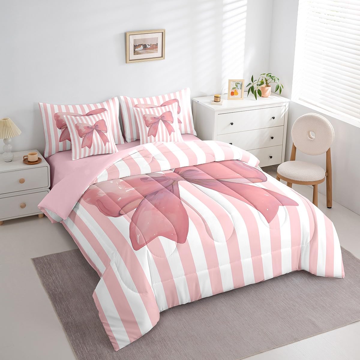 Bettwäsche-Set mit rosa Schleife, 7-teilig, für Queen-Size-Betten, verträumte Aquarell-Fliege, Kawaii-Bett in einer Tasche für Teenager, Cartoon-Prinzessinnen-Stil, geometrische rosa Streifen