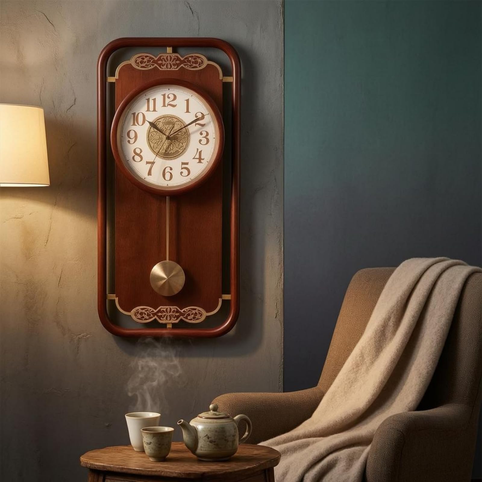 Baoblaze Reloj de Pared Silencioso Reloj Colgante Rectangular Madera Vidrio Claro Diseño Esquinas Redondeadas Patrón Central, Reloj De Pared De Madera Maciza Jinzhongbao Modelo con Campanadas