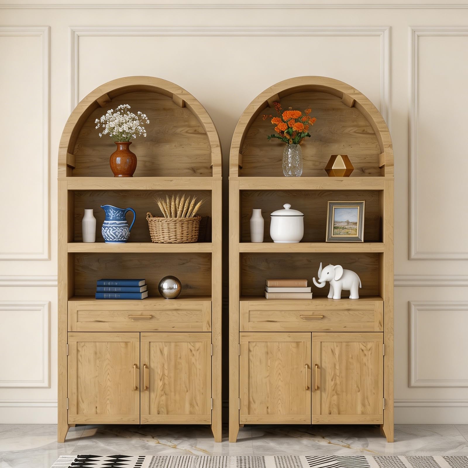 Librería Grande con Diseño en Arco, Librería Estantería con 3 Compartimentos Abiertos, Cajones y Puertas, Estantería Salón Multiusos para Salón, Cocina y Oficina | Estantería de madera, armario de vitrina para sala de estar, cocina, estudio