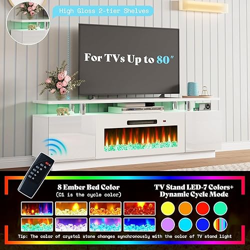 Miniatura 4 de AMERLIFE - Soporte de TV con chimenea de 36 pulgadas, centro de entretenimiento con chimenea moderna de 70 pulgadas con luces LED, gabinete de