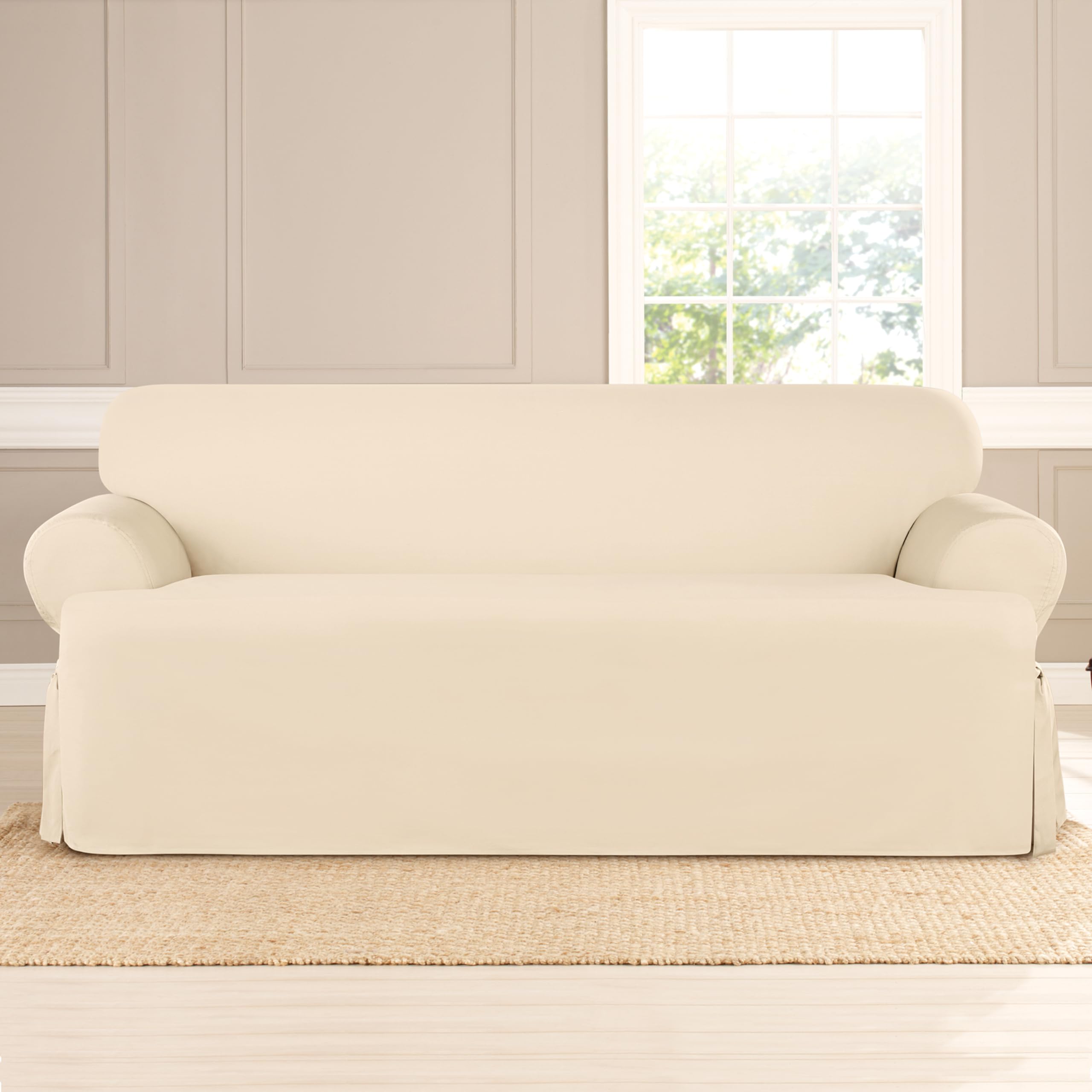 SurefitDuck Slipcover-100 Tailored Layered Skirt-One Piece-Machine Washable, Cotton, Natural Color, T-Cushion Sofa