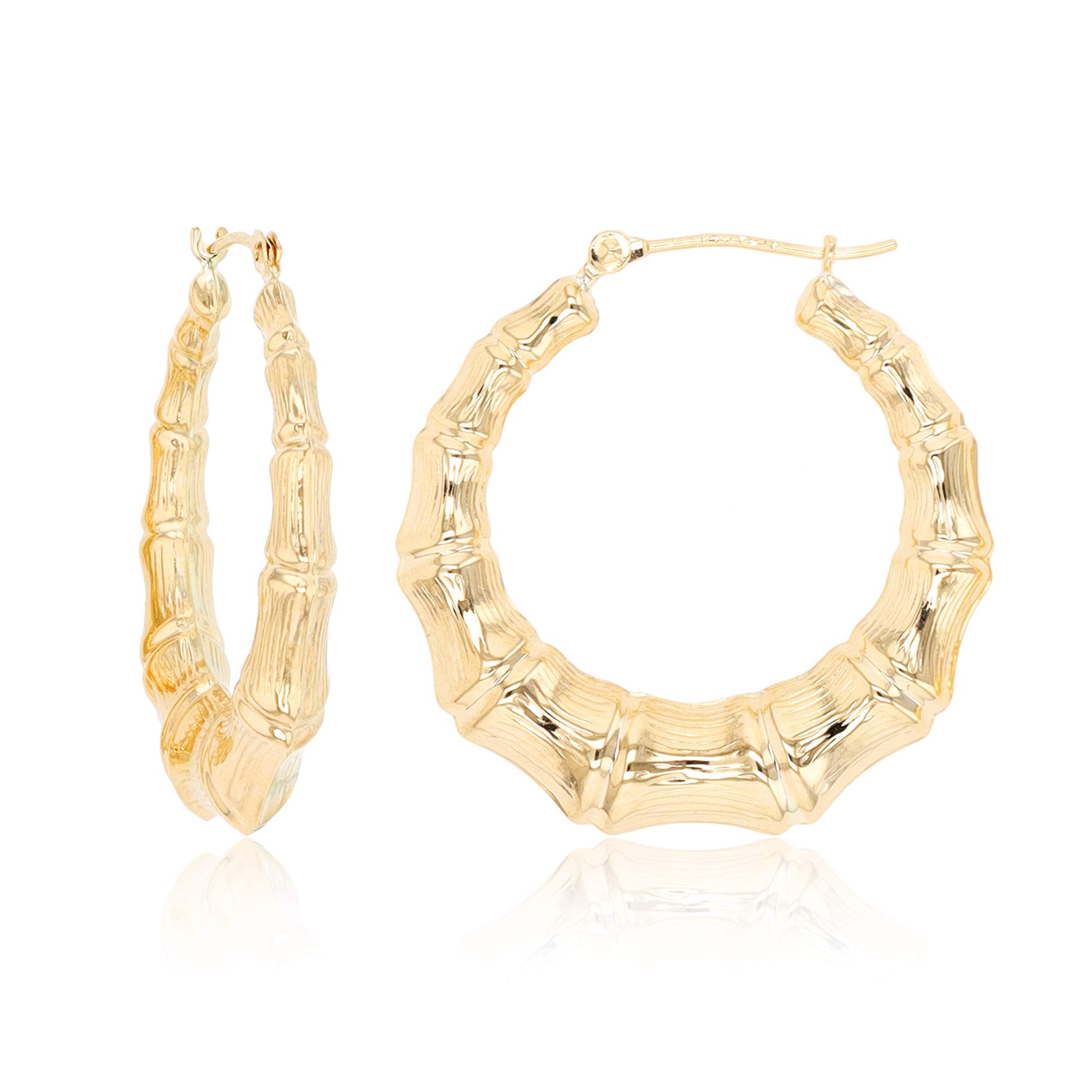 14K Yellow Gold 4.50mm Thick Diamond Cut or Bamboo Hoop Earrings with Hinged Clasp | 4.50x30mm Hoop