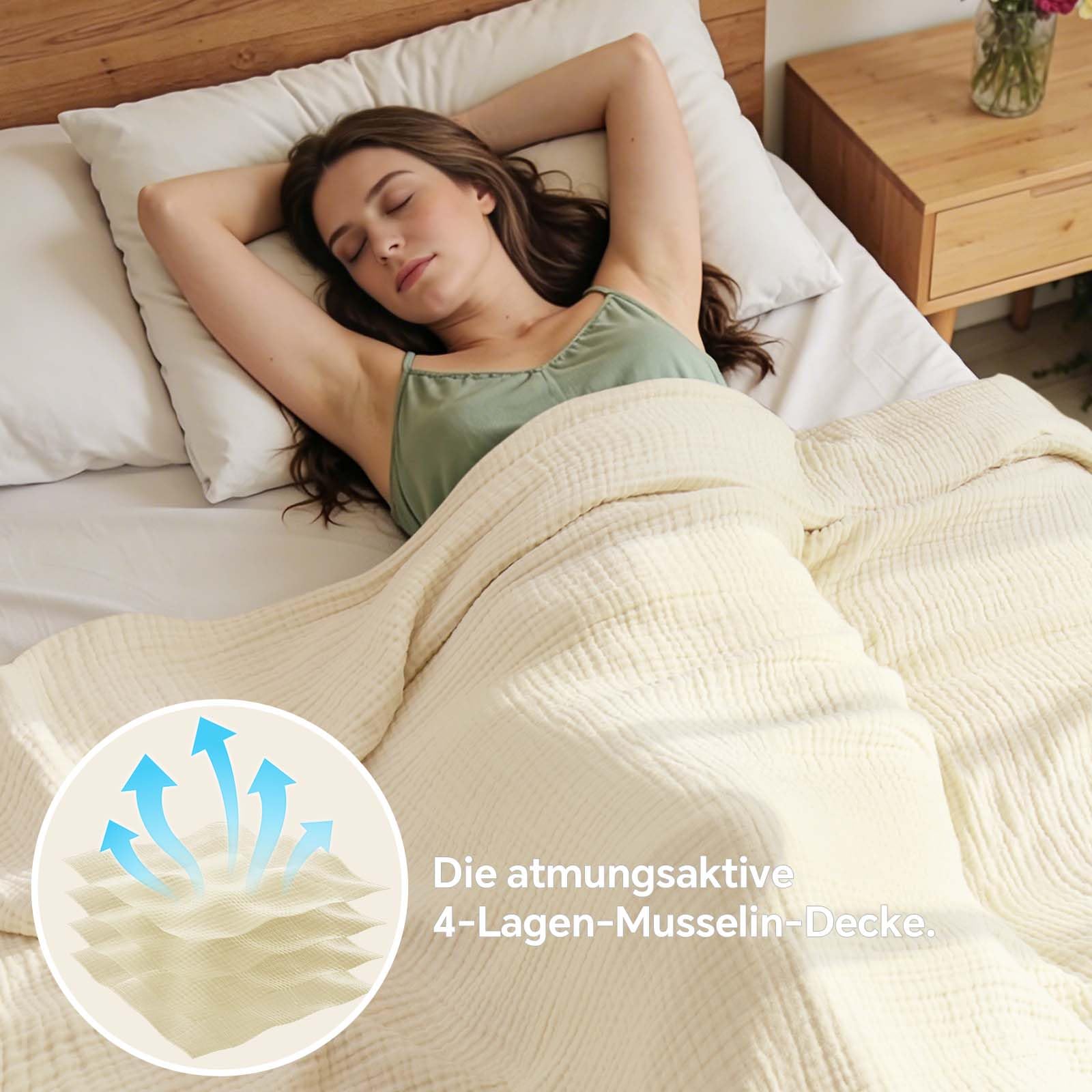 BEDELITE Musselin Decke 150 x 200 cm Baumwolle atmungsaktive Sommer Tagesdecke Kuscheldecke Überwurf Creme