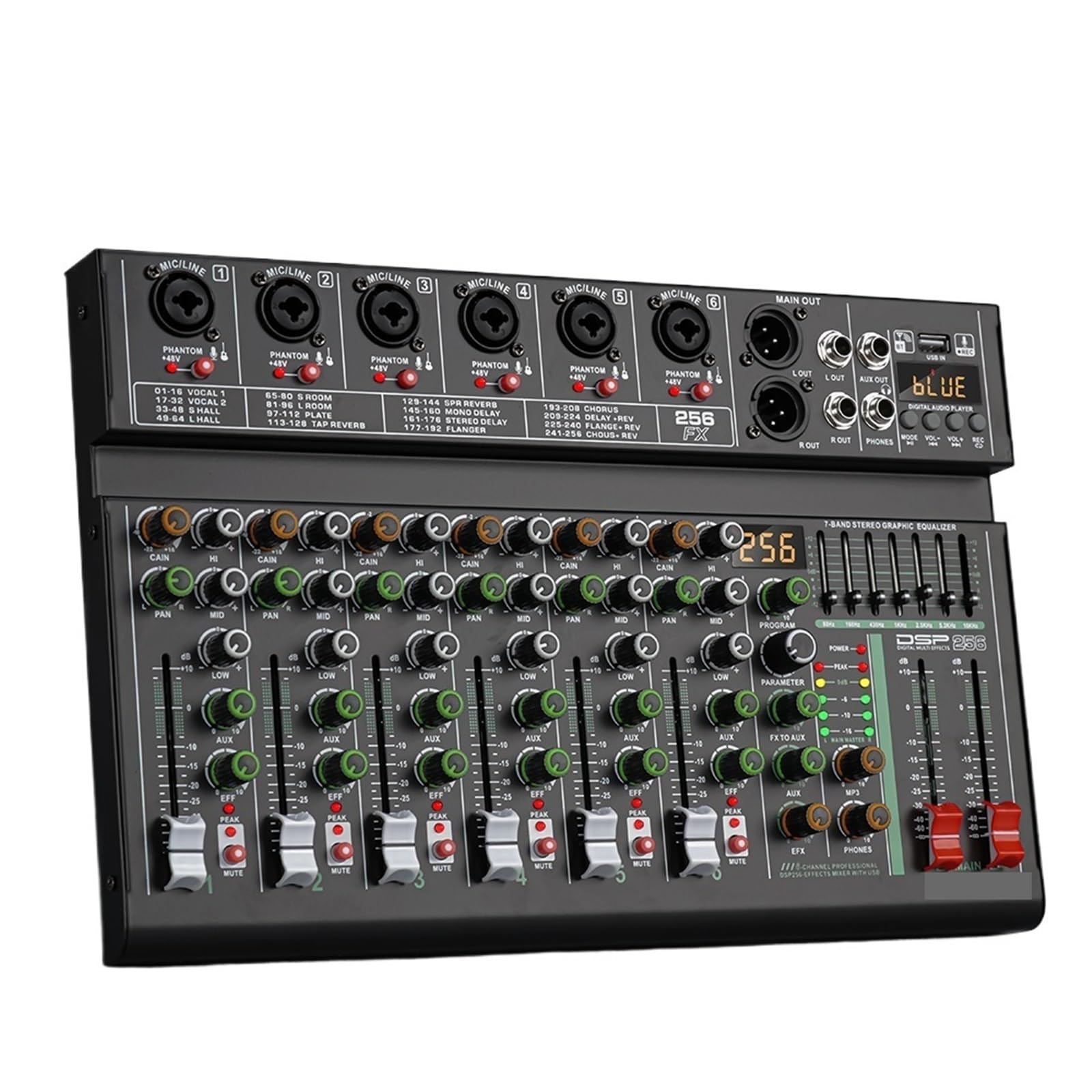 6 Channel 256 DSP Effect Mixer Record PC 48V Phantom Power USB Sound Mixers Bluetooth DJ Console Mixing