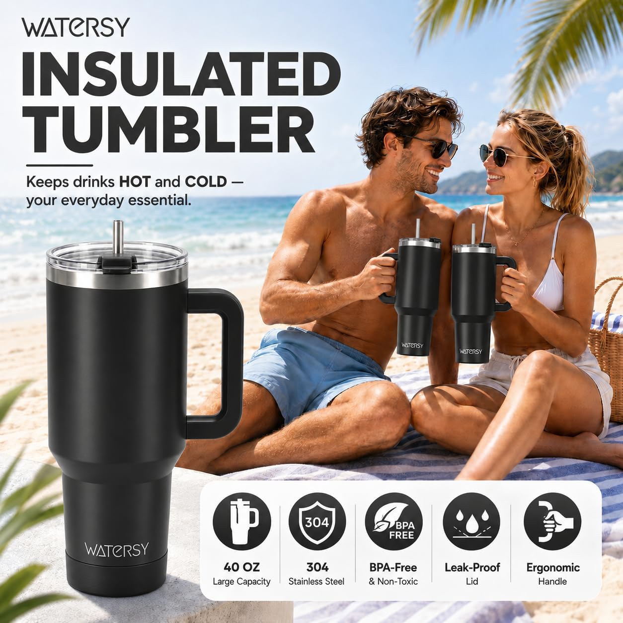 Watersy - Tazza termica con manico e cannuccia, a doppia parete in acciaio inox, mantiene il freddo per 34 ore, per tè, bevande fredde e caffè (tinta unita, nero)