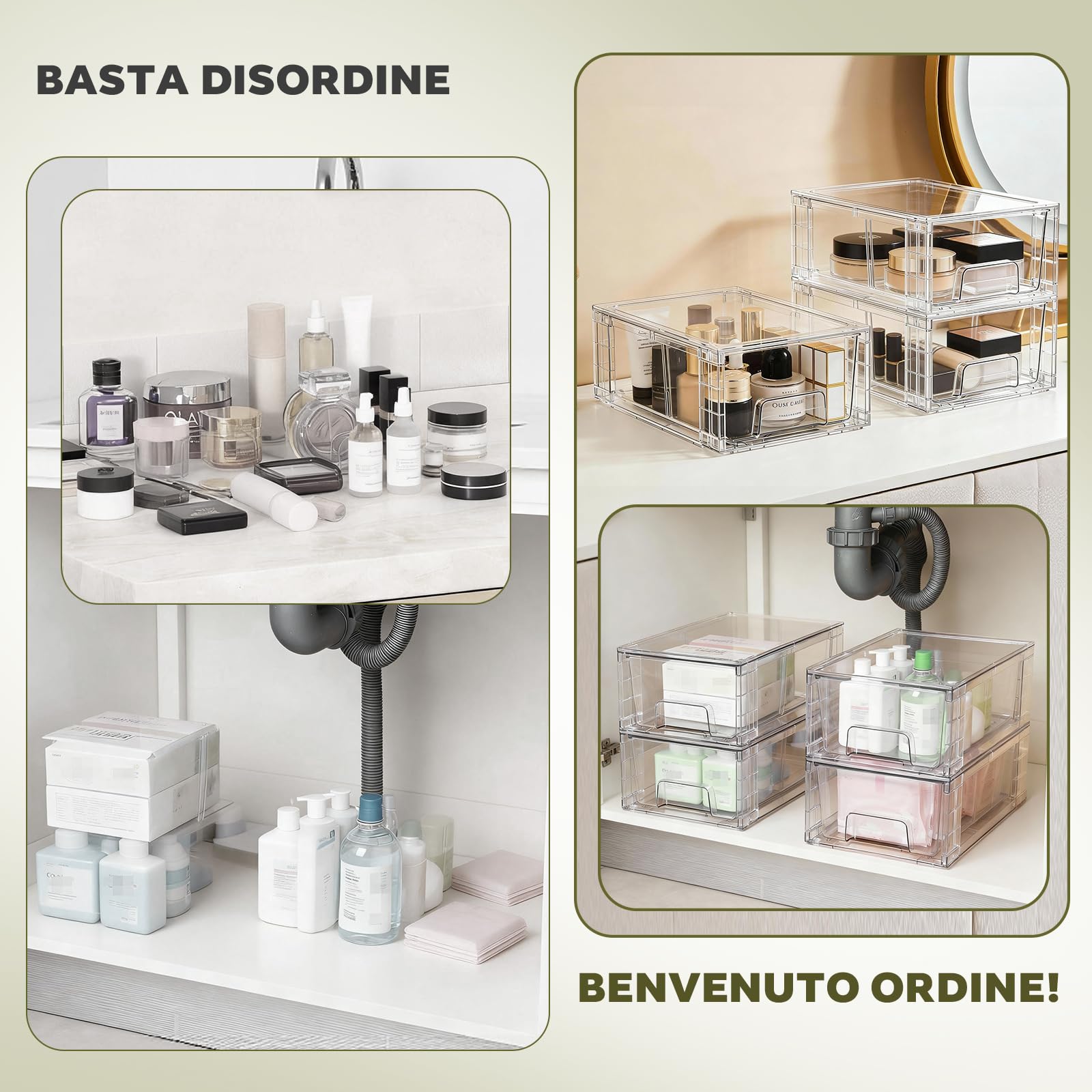 Set 4 Cassetti Organizzatori Impilabili con Divisorio – in Acrilico Trasparente per Scrivania, Trucco, Cucina, Bagno & Soggiorno